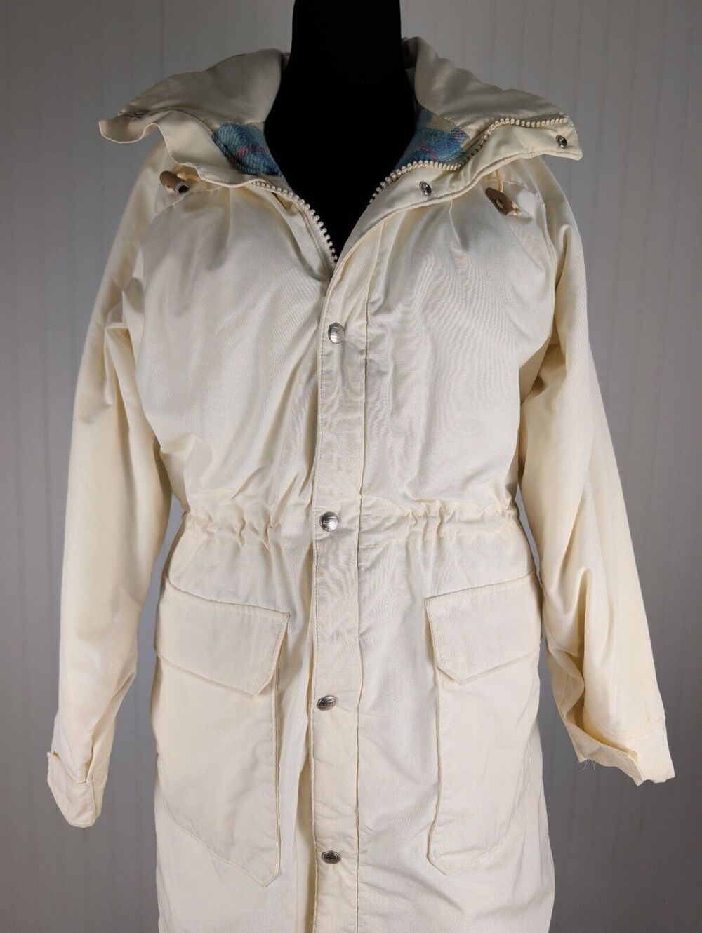 1980's Vintage Lands End Hooded Plaid Lined Long Parka Jacket Ivory Cream Medium